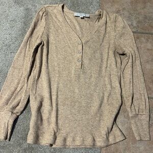 LOFT Beige Ribbed Henley Sweater